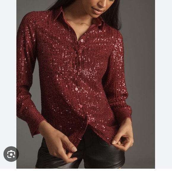ANTHROPOLOGIE The Remie Sequin Raspberry Buttondown Shirt‎ Top Size M NWT - Picture 3 of 5